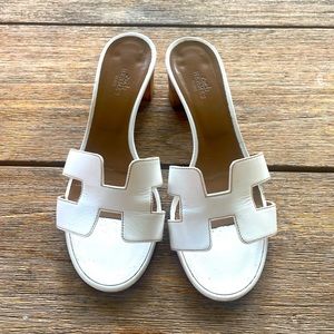 Hermes White Oran Kitten Heel Sandals